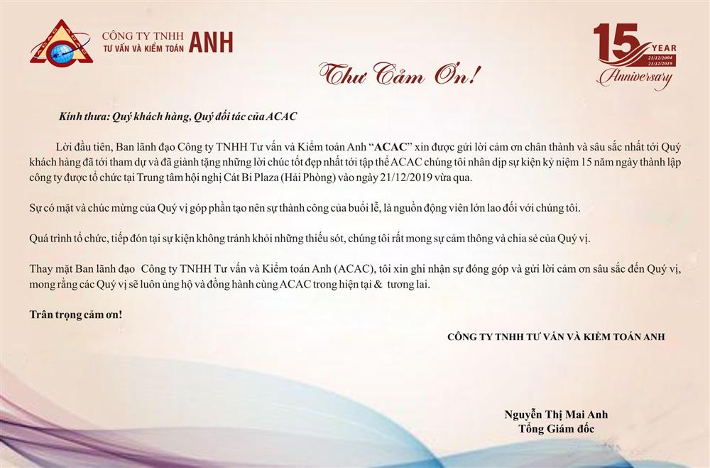 Thư cảm ơn nhân sự kiện kỷ niệm 15 năm ngày thành lập công ty 